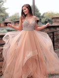 A-Line/Princess Sleeveless Straps Sweep/Brush Train Beading Tulle Dresses TPP0002520