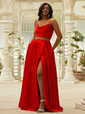 A-Line/Princess Silk like Satin Ruffles Spaghetti Straps Sleeveless Sweep/Brush Train Two Piece Dresses TPP0004876