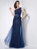 A-Line/Princess One-Shoulder Sleeveless Applique Long Net Dresses TPP0003206