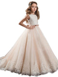 Ball Gown Jewel Sleeveless Lace Sweep/Brush Train Tulle Flower Girl Dresses TPP0007536