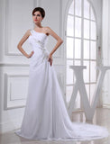 A-Line/Princess Beading One-shoulder Sleeveless Chiffon Applique Wedding Dresses TPP0006695