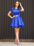 A-Line/Princess Satin Sash/Ribbon/Belt Scoop Short Sleeves Short/Mini Dresses TPP0004851