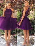 A-Line/Princess Halter Sleeveless Beading Short/Mini Tulle Dresses TPP0007965