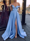 A-Line/Princess Sleeveless Off-the-Shoulder Sweep/Brush Train Ruffles Satin Dresses TPP0002193