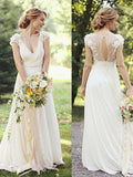 A-Line/Princess Chiffon Ruched V-neck Short Sleeves Sweep/Brush Train Wedding Dresses TPP0006496