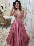 A-Line/Princess Sleeveless Scoop Floor-Length Applique Satin Dresses