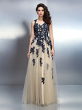 A-Line/Princess Straps Applique Sleeveless Long Elastic Woven Satin Dresses TPP0003437