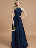 A-Line/Princess Halter Sleeveless Ruched Floor-Length Chiffon Bridesmaid Dresses TPP0005208