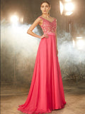 A-Line/Princess Sleeveless Sheer Neck Sweep/Brush Train Applique Chiffon Dresses TPP0003444