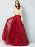 A-Line/Princess Sheer Neck Floor-Length Long Sleeves Applique Organza Dresses TPP0002489