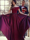 A-Line/Princess Off-the-Shoulder Short Sleeves Sweep/Brush Train Ruched Satin Dresses TPP0002759