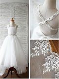 A-line/Princess Spaghetti Straps Sleeveless Beading Sweep/Brush Train Tulle Flower Girl Dresses TPP0007560