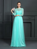 A-Line/Princess Bateau Lace 3/4 Sleeves Long Elastic Woven Satin Dresses TPP0009166