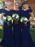 Sheath/Column Scoop Short Sleeves Floor-Length Satin Bridesmaid Dresses TPP0005342