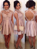 A-Line/Princess Sleeveless High Neck Lace Satin Short/Mini Dresses TPP0008273