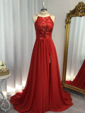 A-Line/Princess Sleeveless Halter Chiffon Applique Sweep/Brush Train Dresses TPP0002009