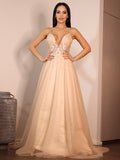 A-Line/Princess Lace Applique V-neck Sleeveless Sweep/Brush Train Wedding Dresses TPP0006491