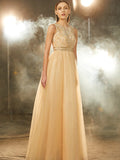 A-Line/Princess Scoop Beading Sleeveless Floor-Length Tulle Dresses TPP0003808