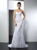 Trumpet/Mermaid Sweetheart Lace Sleeveless Long Satin Wedding Dresses TPP0006169