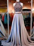 A-Line/Princess Sleeveless High Neck Satin Beading Sweep/Brush Train Two Piece Dresses TPP0002048