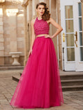 A-Line/Princess Halter Beading Sleeveless Tulle Floor-Length Two Piece Dresses TPP0003789