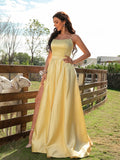 A-Line/Princess Satin Ruffles Spaghetti Straps Sleeveless Sweep/Brush Train Dresses TPP0001407