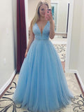 A-Line/Princess Sleeveless V-neck Floor-Length Pearls Tulle Dresses TPP0002824