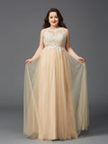 A-Line/Princess Scoop Rhinestone Sleeveless Long Net Plus Size Dresses TPP0002995