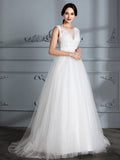 A-Line/Princess Sleeveless V-neck Sweep/Brush Train Tulle Wedding Dresses TPP0006437