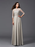 A-Line/Princess Scoop Applique 3/4 Sleeves Long Chiffon Dresses TPP0003283