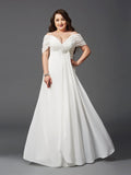 A-Line/Princess Off-the-Shoulder Ruched Short Sleeves Long Chiffon Plus Size Dresses TPP0001920