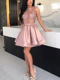 A-Line/Princess Satin Applique Sheer Neck Sleeveless Short/Mini Homecoming Dresses TPP0003930