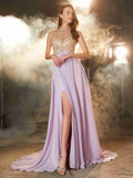 A-Line/Princess High Neck Sleeveless Sweep/Brush Train Crystal Chiffon Dresses TPP0002371