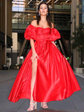 A-Line/Princess Satin Ruffles Off-the-Shoulder 1/2 Sleeves Ankle-Length Dresses TPP0004822