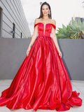 A-Line/Princess Ruffles Sleeveless Satin Off-the-Shoulder Sweep/Brush Train Dresses TPP0004573