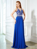 A-Line/Princess Sleeveless Sheer Neck Chiffon Applique Sweep/Brush Train Dresses TPP0003257