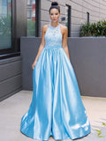 A-Line/Princess Satin Halter Sleeveless Applique Sweep/Brush Train Dresses TPP0004607