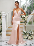 Sheath/Column Silk like Satin Ruched V-neck Sleeveless Sweep/Brush Train Bridesmaid Dresses TPP0004907