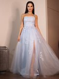 A-Line/Princess Lace Ruffles Spaghetti Straps Sleeveless Floor-Length Dresses TPP0004871