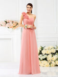 A-Line/Princess One-Shoulder Hand-Made Flower Sleeveless Long Chiffon Bridesmaid Dresses TPP0005311