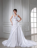 A-Line/Princess Beading Halter Sleeveless Long Taffeta Wedding Dresses TPP0006669