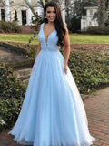 A-Line/Princess Floor-Length V-neck Sleeveless Tulle Beading Dresses TPP0004503