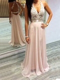 A-Line/Princess Halter Sleeveless Chiffon Lace Sweep/Brush Train Dresses TPP0002063