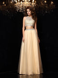 A-Line/Princess High Neck Beading Sleeveless Long Net Two Piece Dresses TPP0002802