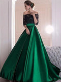 A-Line/Princess Off-the-Shoulder 3/4 Sleeves Lace Ruched Sweep/Brush Train Satin Dresses TPP0002482