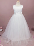 A-Line/Princess Tulle Bowknot Scoop Sleeveless Floor-Length Flower Girl Dresses TPP0007939