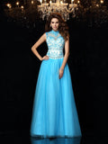 A-Line/Princess High Neck Applique Sleeveless Long Satin Dresses TPP0003486