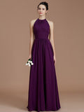 A-Line/Princess Halter Sleeveless Ruched Floor-Length Chiffon Bridesmaid Dresses TPP0005263