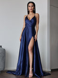 A-Line/Princess Satin Ruched V-neck Sleeveless Sweep/Brush Train Dresses