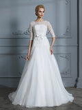 A-Line/Princess 1/2 Sleeves Scoop Lace Court Train Tulle Wedding Dresses TPP0006509